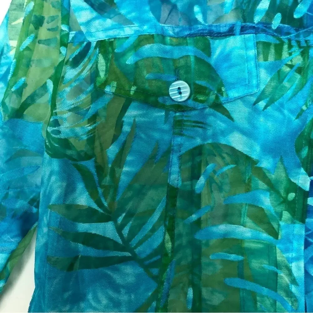 Erin London Tropical Blue Green Zip Up Lightweight Semi-Sheer Jacket Medium
